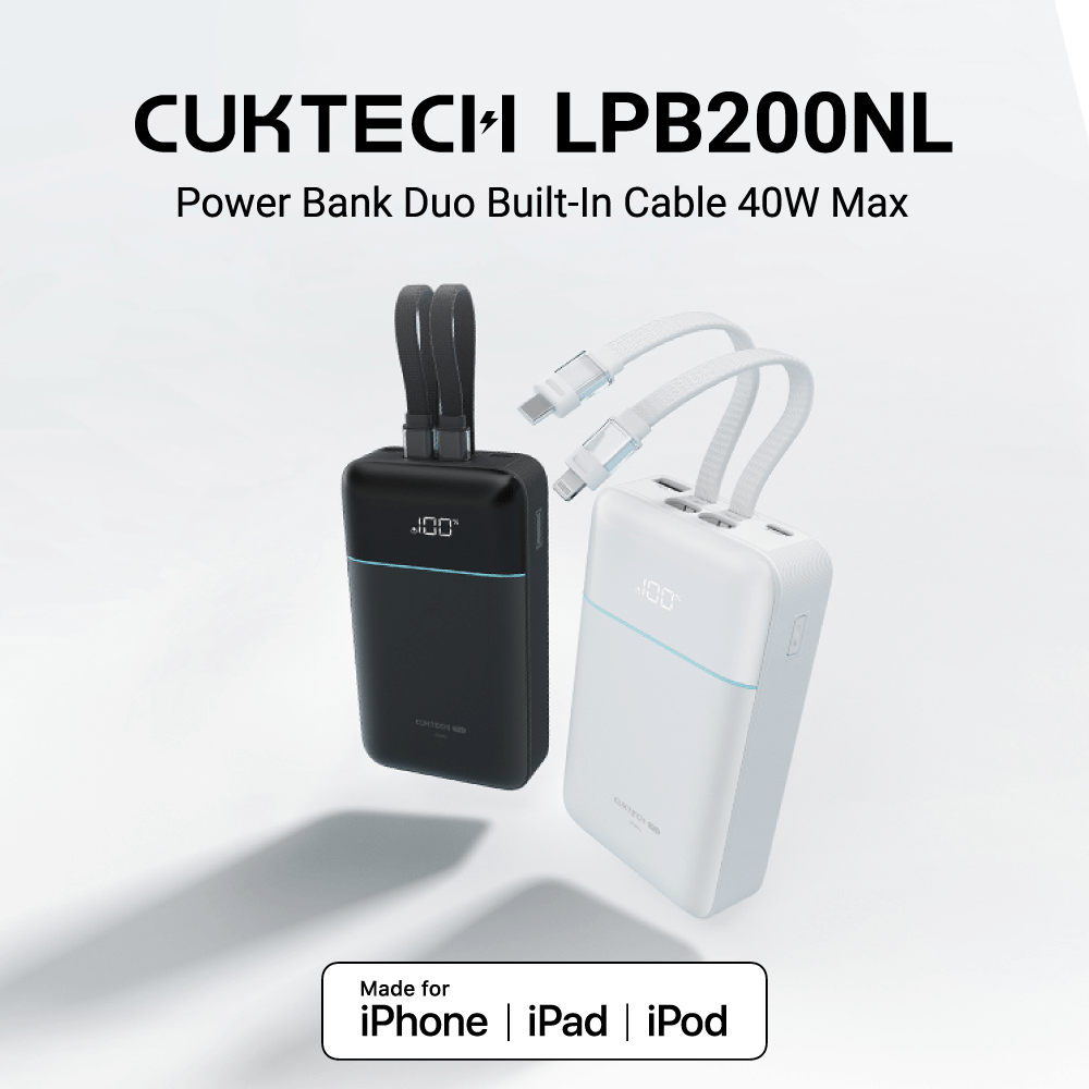 แบตสำรอง CUKTECH LPB200NL สีขาว 20000 MAH มาตรฐาน CCC ชาร์จเร็วพร้อมสาย USB-C 40W และ USB-A 22.5W